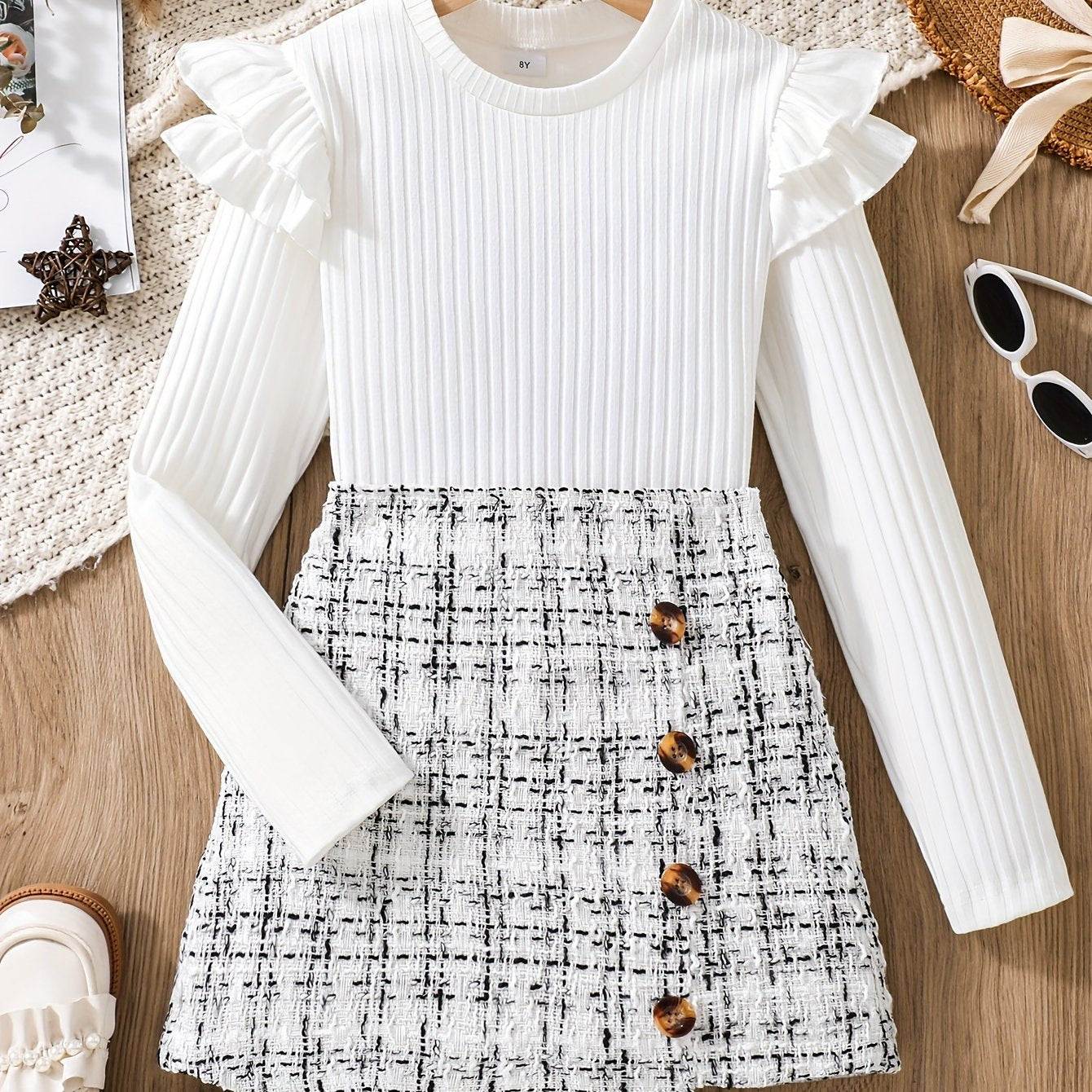 2-piece set with flounce trim long sleeve top and tweed knit skirt on display.