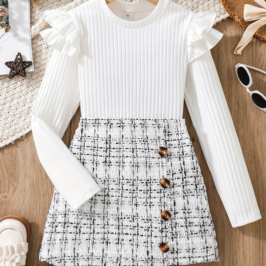 2-piece set with flounce trim long sleeve top and tweed knit skirt on display.