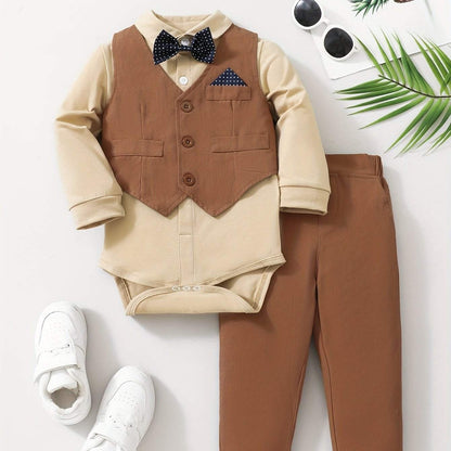 Dapper Gentleman 3-Piece Suit Set for Boys with vest, shirt, pants, bow tie, and shoes, ideal for special occasions.