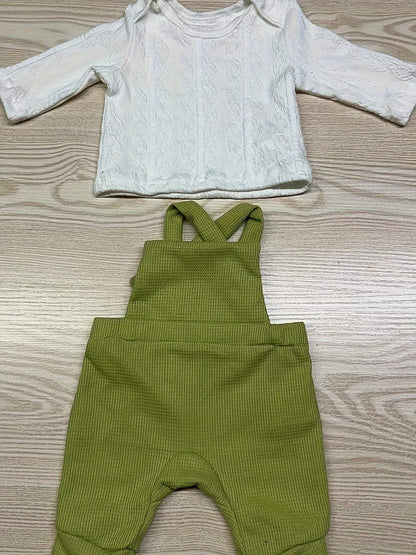 Kids' classic 2-piece overall and shirt set with green overalls and white long-sleeve shirt, designed for comfort and style.