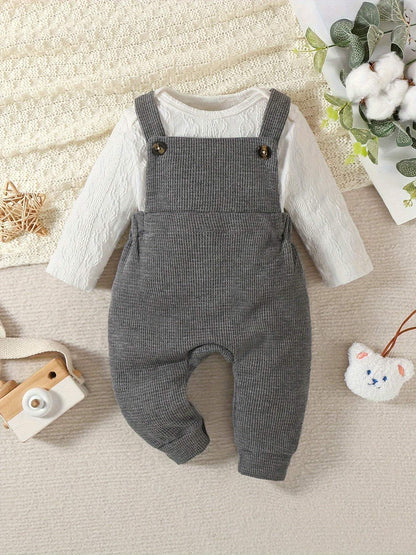 Classic combo 2-piece overall and shirt set for kids, cotton blend, comfortable and stylish design.