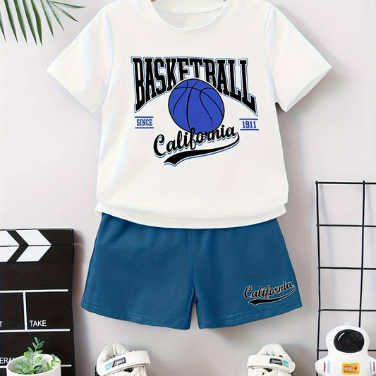“Valentine’s Day” “Ramadan”, Boys Suit, Letter and Basketball Print, Summer Fashion Casual Simple Round Neck T-shirt and Shorts, Perfect for Outdoor