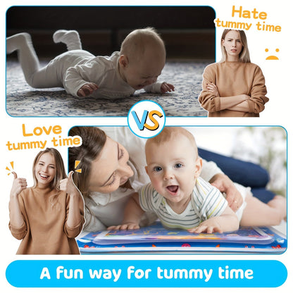 Baby enjoying tummy time on a colorful water play mat with floating toys for sensory fun.