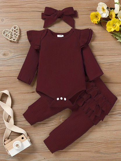 Charming 3-piece outfit set for girls with burgundy ruffled top, matching pants, and headband.