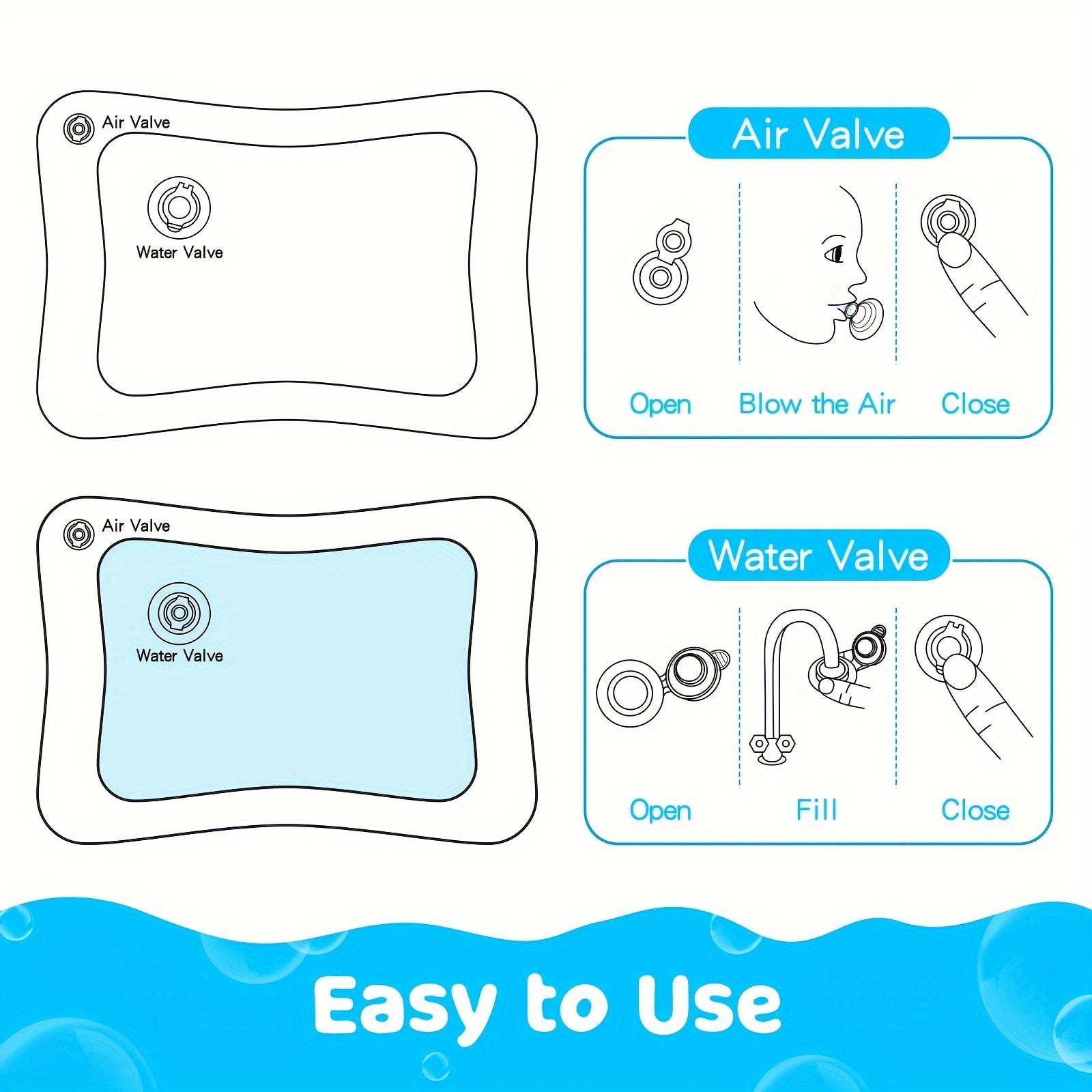 Easy-to-use water play mat for babies and toddlers with air and water valve instructions.