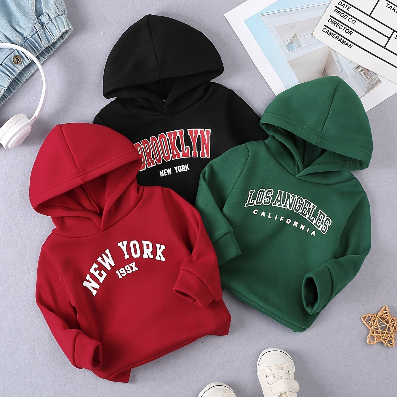Set of 3 Hooded Sweatshirts with New York Brooklyn Los Angeles Prints - BabyHaven