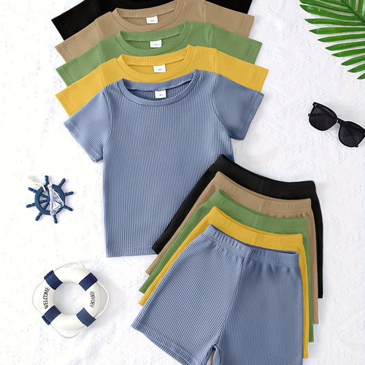 10 Piece Boys Casual Solid Color Soft Comfortable Waffle Knit Short Sleeve Shorts Suit - BabyHaven