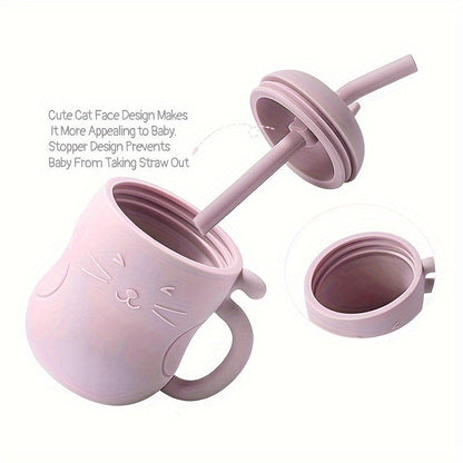 Kawaii cat design leak-proof baby learning cup with straw and handle.