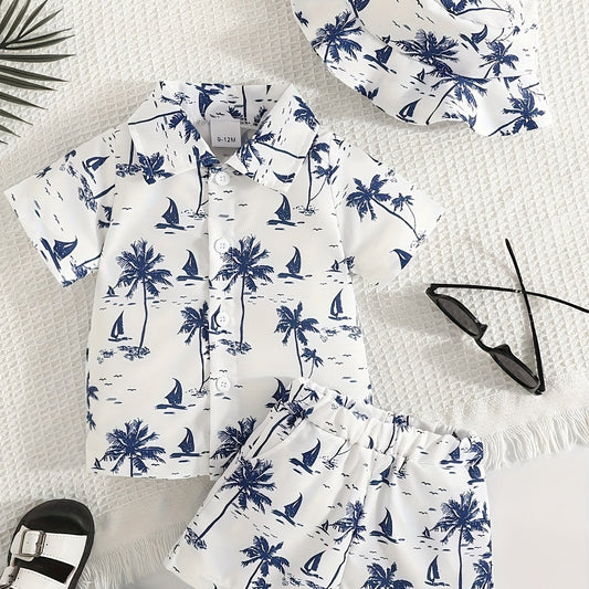 Boys 3 Pieces Summer Beach Set V Neck Shirt Shorts and Hat with Palm Tree Print Casual Polyester Outfit for Spring Summer Fall Outdoor - BabyHaven