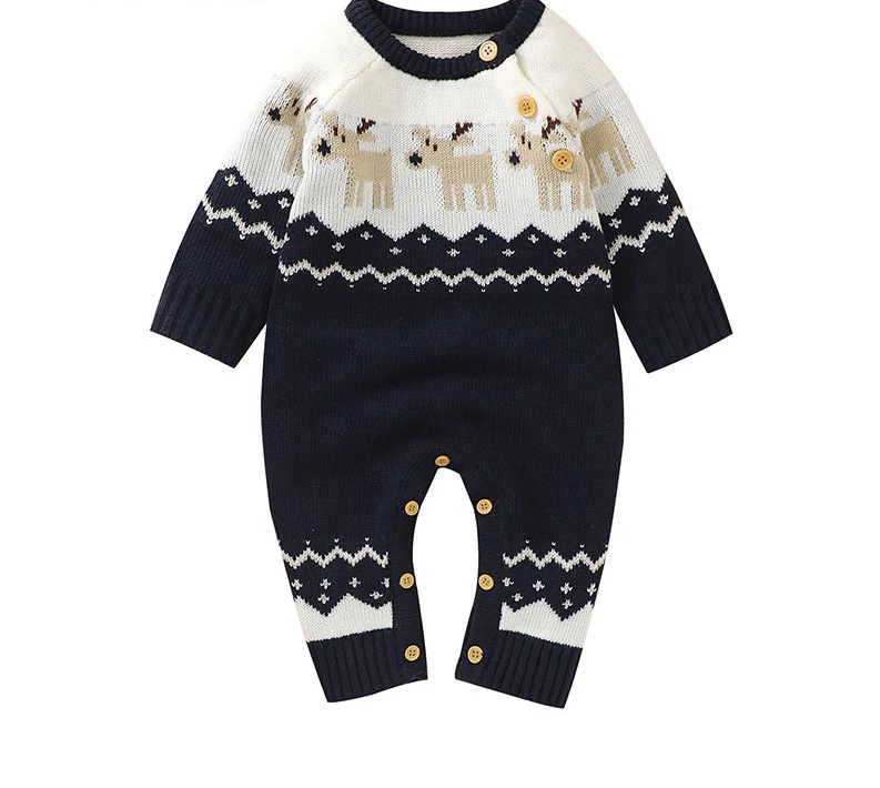 Baby Christmas Rompers Winter Long Sleeve Knit Newborn Boys Girls Outwear Jumpsuits Red Reindeer Toddler Playsuits Clothes 0-18m