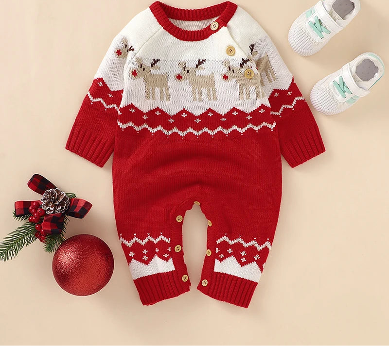Baby Christmas Rompers Winter Long Sleeve Knit Newborn Boys Girls Outwear Jumpsuits Red Reindeer Toddler Playsuits Clothes 0-18m