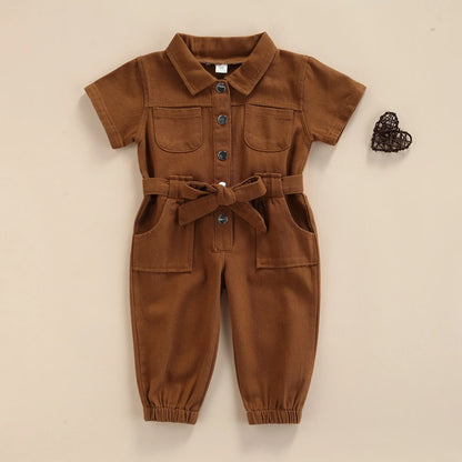 2021-05-05 Lioraitiin 1-5Years Toddler Baby Girl’s Casual Long Sleeve Jumpsuit Fashion Solid Lapel Pocket Single-breasted Pants