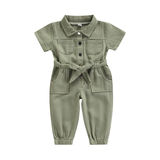 Toddler Baby Girl’s Casual Long Sleeve Jumpsuit Fashion Solid Lapel Pocket Single - breasted Pants - BabyHaven