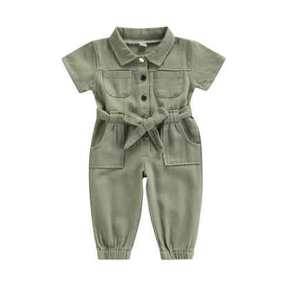 2021-05-05 Lioraitiin 1-5Years Toddler Baby Girl’s Casual Long Sleeve Jumpsuit Fashion Solid Lapel Pocket Single-breasted Pants