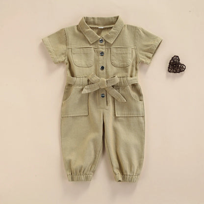 2021-05-05 Lioraitiin 1-5Years Toddler Baby Girl’s Casual Long Sleeve Jumpsuit Fashion Solid Lapel Pocket Single-breasted Pants