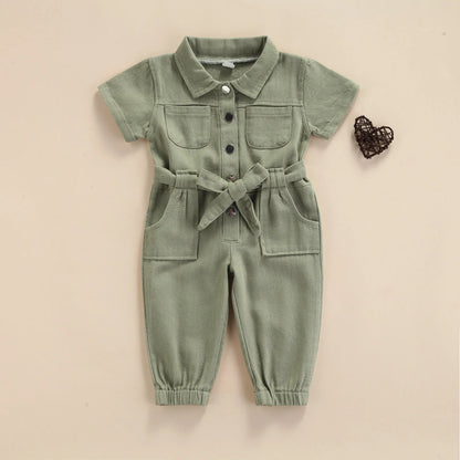 2021-05-05 Lioraitiin 1-5Years Toddler Baby Girl’s Casual Long Sleeve Jumpsuit Fashion Solid Lapel Pocket Single-breasted Pants