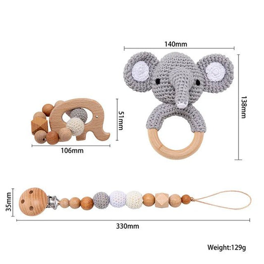 1set Baby Rattle Wooden Crochet Elephant Bells Music Teething Bracelet Pacifier Dummy Clips Gym Play Rodent Baby Products Toy - BabyHaven