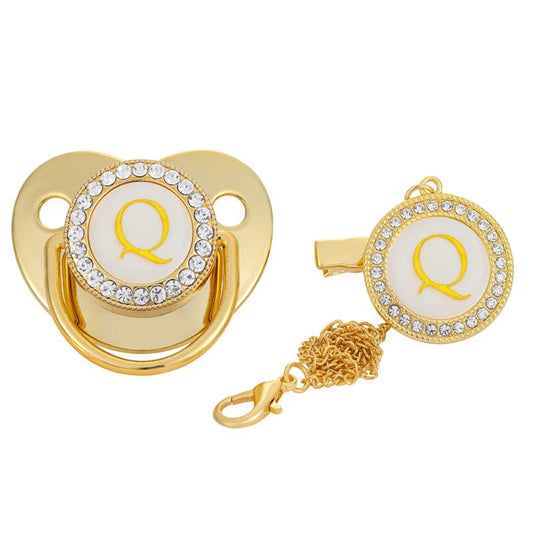 Name Initial Letter Baby Pacifier Clips Luxury Gold Bling - BabyHaven