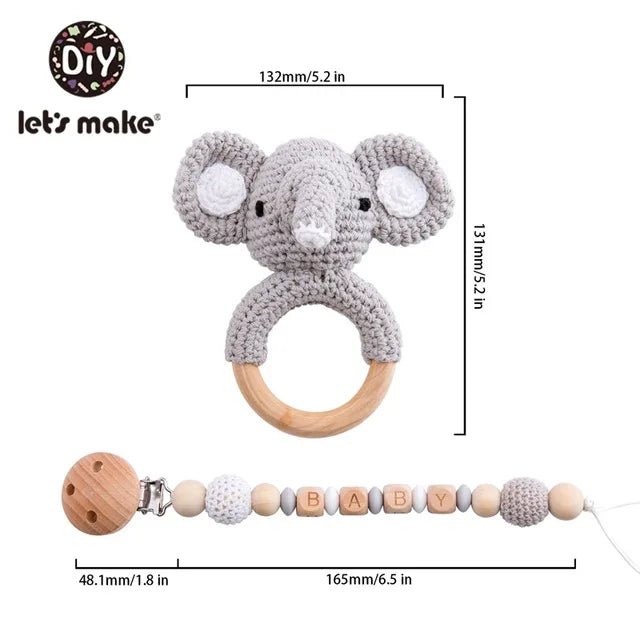1set Baby Rattle Wooden Crochet Elephant Bells Music Teething Bracelet Pacifier Dummy Clips Gym Play Rodent Baby Products Toy - BabyHaven