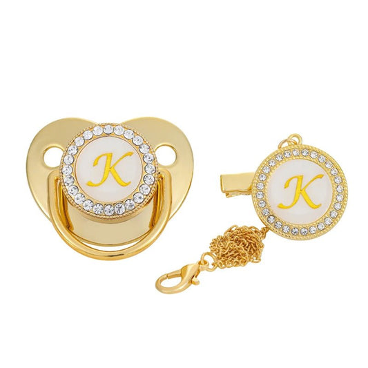 Name Initial Letter Baby Pacifier Clips Luxury Gold Bling - BabyHaven