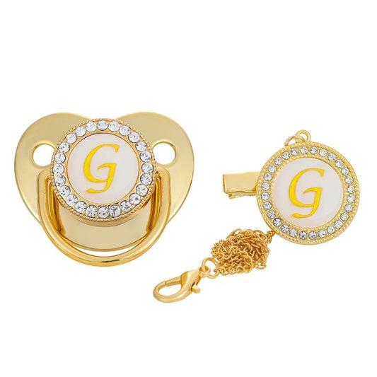 Name Initial Letter Baby Pacifier Clips Luxury Gold Bling - BabyHaven