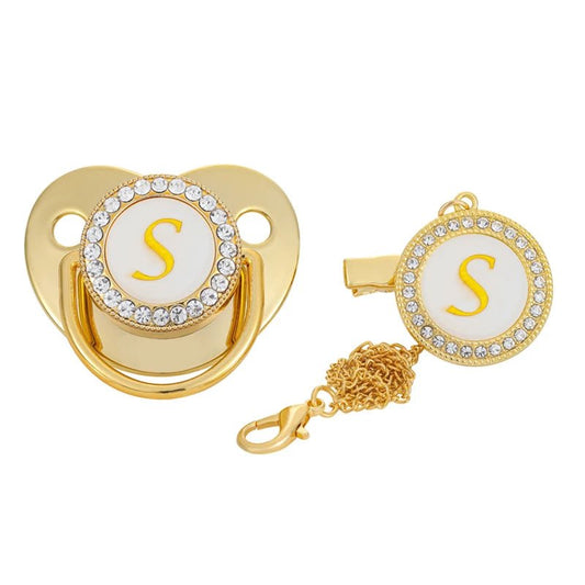 Name Initial Letter Baby Pacifier Clips Luxury Gold Bling - BabyHaven