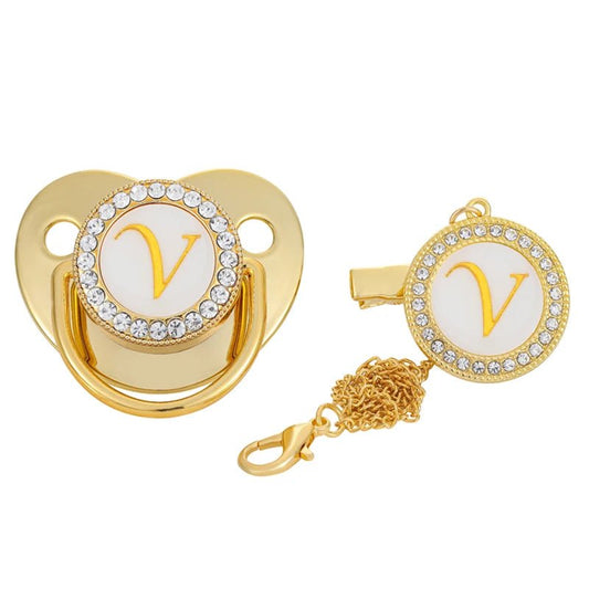Name Initial Letter Baby Pacifier Clips Luxury Gold Bling - BabyHaven