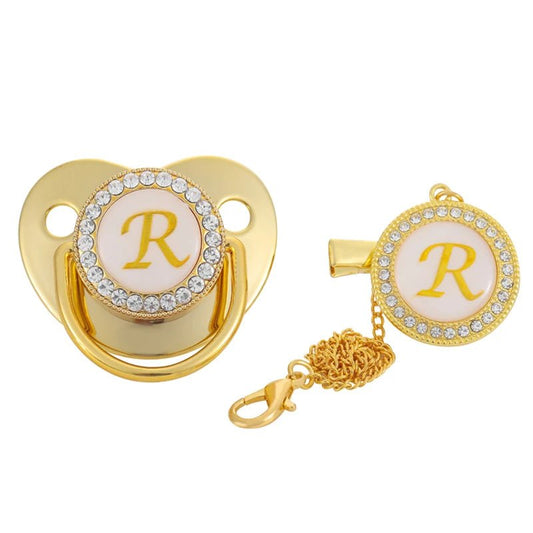 Name Initial Letter Baby Pacifier Clips Luxury Gold Bling - BabyHaven
