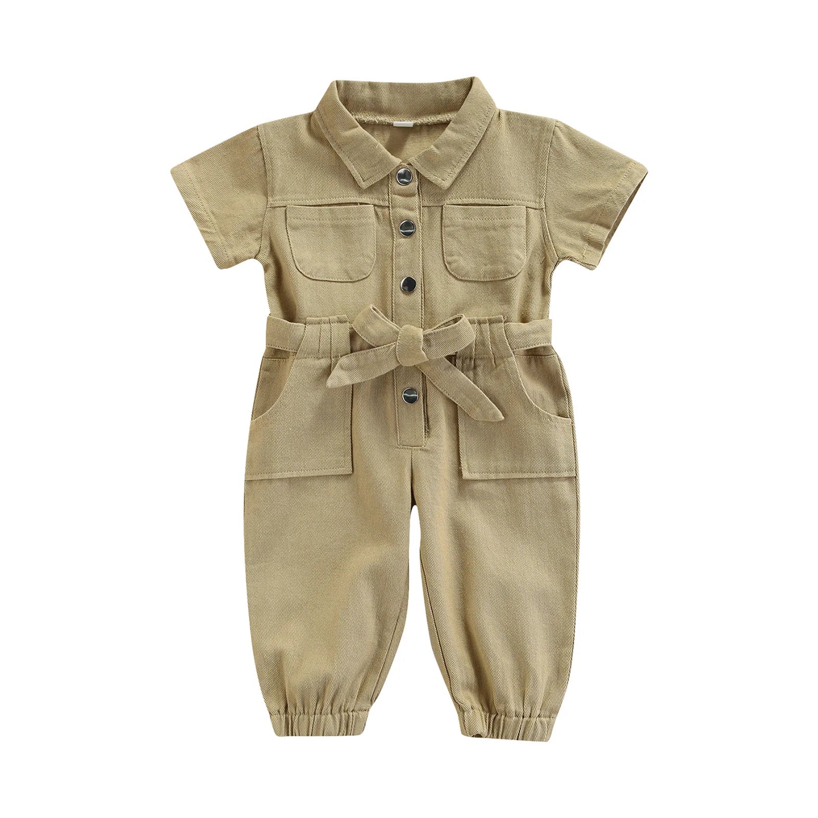 Toddler Baby Girl’s Casual Long Sleeve Jumpsuit Fashion Solid Lapel Pocket Single - breasted Pants - BabyHaven