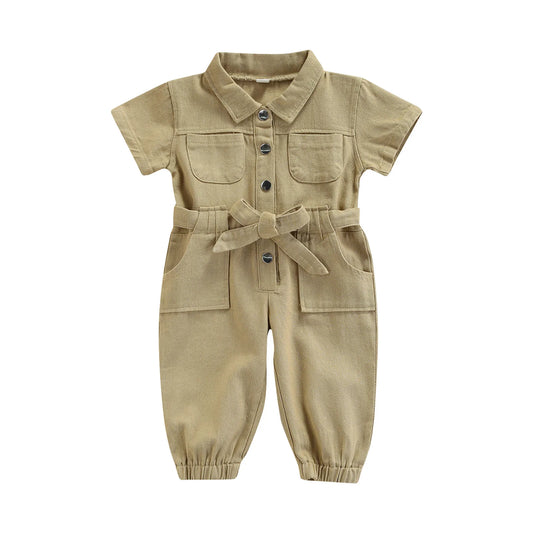 Toddler Baby Girl’s Casual Long Sleeve Jumpsuit Fashion Solid Lapel Pocket Single - breasted Pants - BabyHaven