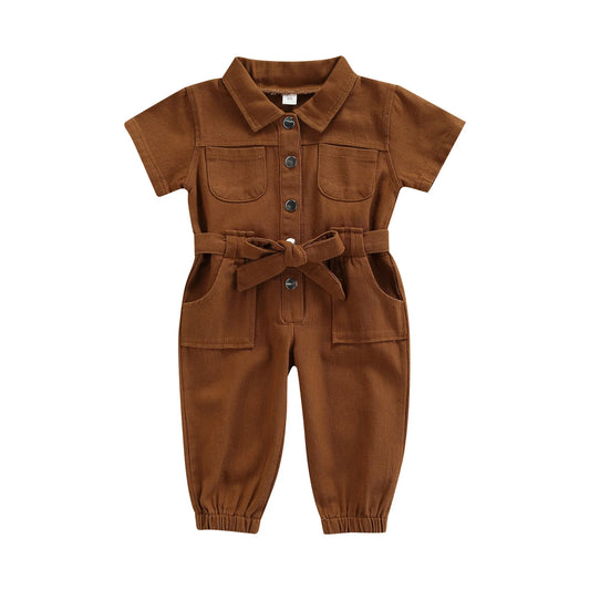 Toddler Baby Girl’s Casual Long Sleeve Jumpsuit Fashion Solid Lapel Pocket Single - breasted Pants - BabyHaven