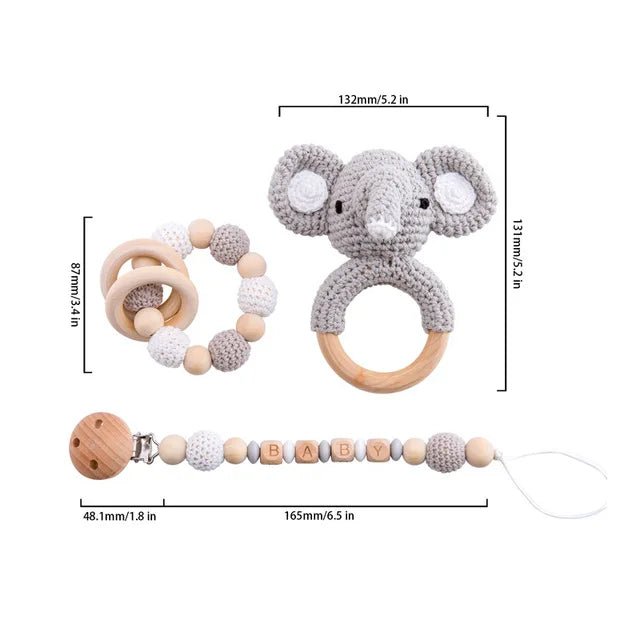 1set Baby Rattle Wooden Crochet Elephant Bells Music Teething Bracelet Pacifier Dummy Clips Gym Play Rodent Baby Products Toy - BabyHaven