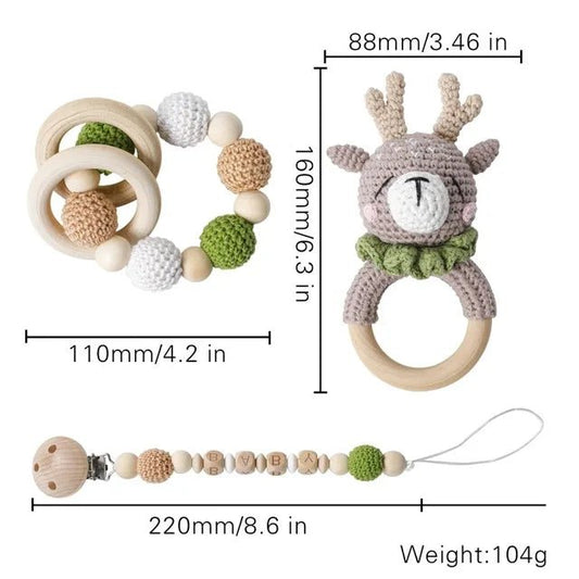 1set Baby Rattle Wooden Crochet Elephant Bells Music Teething Bracelet Pacifier Dummy Clips Gym Play Rodent Baby Products Toy - BabyHaven