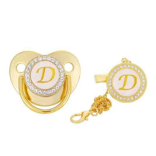 Name Initial Letter Baby Pacifier Clips Luxury Gold Bling - BabyHaven