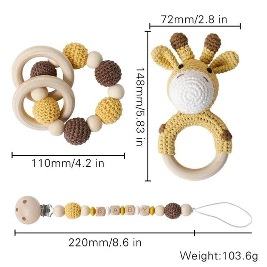 1set Baby Rattle Wooden Crochet Elephant Bells Music Teething Bracelet Pacifier Dummy Clips Gym Play Rodent Baby Products Toy - BabyHaven