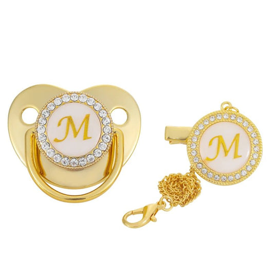 Name Initial Letter Baby Pacifier Clips Luxury Gold Bling - BabyHaven