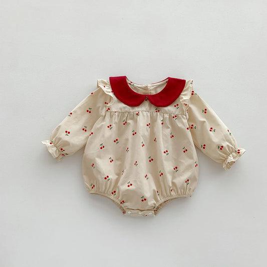 New Autumn Baby Clothes Sweet Cherry Printed Girls Bodysuit Newborn Peter Pan Collar Princess Clothing Toddler One Piece - BabyHaven