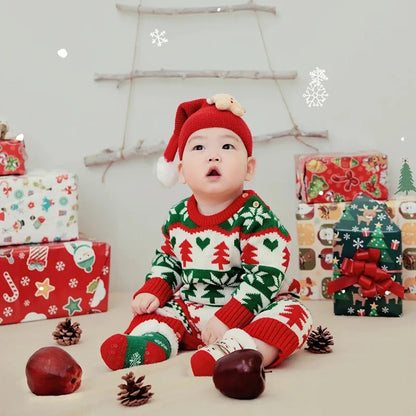 0-18m Red Reindeer Knit clothes Infant Winter Newborn Christmas Rompers Boys Girl Long Sleeve Playsuits Hats Set Toddler Outwear