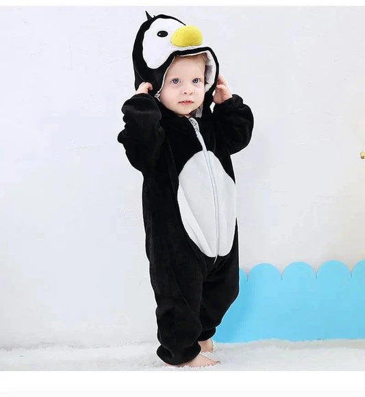 Penguin-themed baby jumpsuit for New Children's Day, unisex design, comfortable and soft polyester fabric.