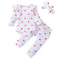 Charming 3Pcs Baby Girl Outfit Set Newborn Toddler Kids Clothing with Lace Ruffles, Bodysuit, Pants, and Headband.