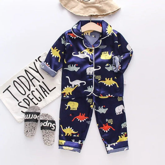 Version Of Childrens Pajamas Set Silk Satin Long Sleeve - BabyHaven