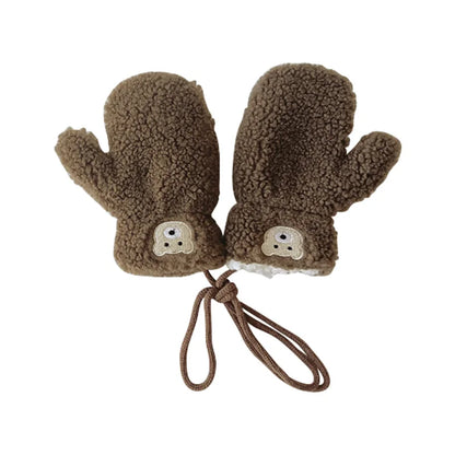 Bear Children Winter Mittens Thicken Warm Halter Baby Gloves for Girls Boys Lamb Wool Korean Kids Scarfs Baby Neck Warmer 2-6Y