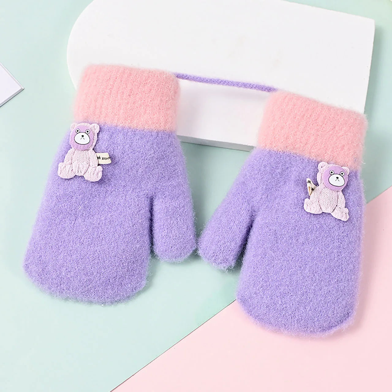 Cute Bear Kids Plush Hanging Neck Mittens Boys Girls Anti Cold Warm Hand Cover 3-7year Children Woolen Glove Winter Baby Thermal