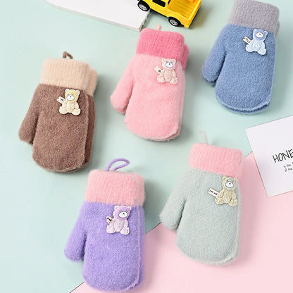 Cute Bear Kids Plush Hanging Neck Mittens Boys Girls Anti Cold Warm Hand Cover 3-7year Children Woolen Glove Winter Baby Thermal