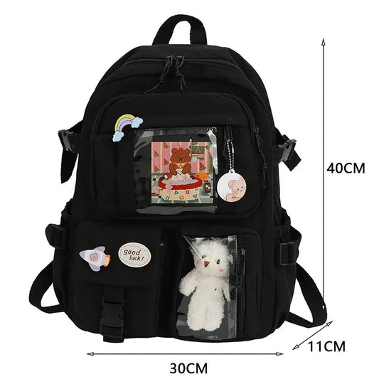 Black children's schoolbag with cute decorations, featuring durable design and unisex style, perfect for year-round use.