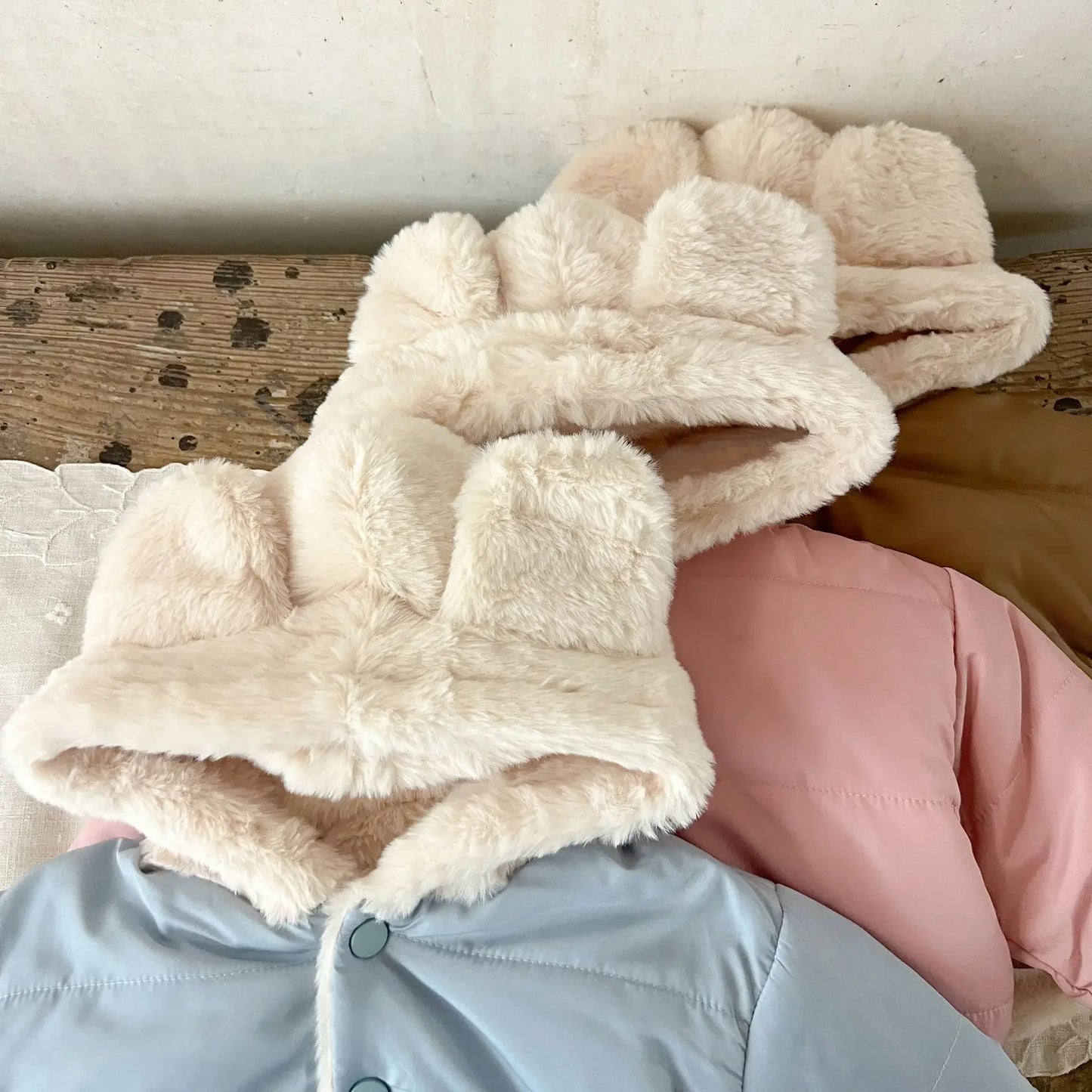 Korean Style Baby Boys Girls Winter Coat Fleece Lined Thickened Cotton Padded Jacket Cute Bear Ear Hooded Warm Outerwear