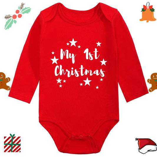 My 1st Christmas Santa Claus Elk Print Newborn Cute Long Sleeve Romper Red Cotton Baby Boys Girls Bodysuit