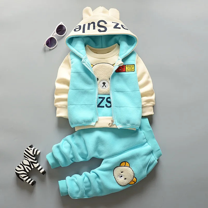 Winter Cartoon Set Baby Autumn Thick Warm Suit Infant Hooded Jackets+Pullovers+Pants 3Pcs Outfits Kids Fleece Clothes