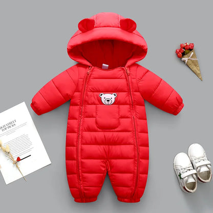 2025 Autumn Winter Baby Girls Romper Hooded Thick Cartoon Ear Cotton Baby Boys Snowsuit Newborn Jumpsuit Toddler Overalls