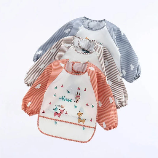 Baby Bibs Cute Colorful Cartoon Waterproof Bib Infant Eating Children Drawing Long Sleeve Pocket Apron Self Feeding Baby 0-3Y